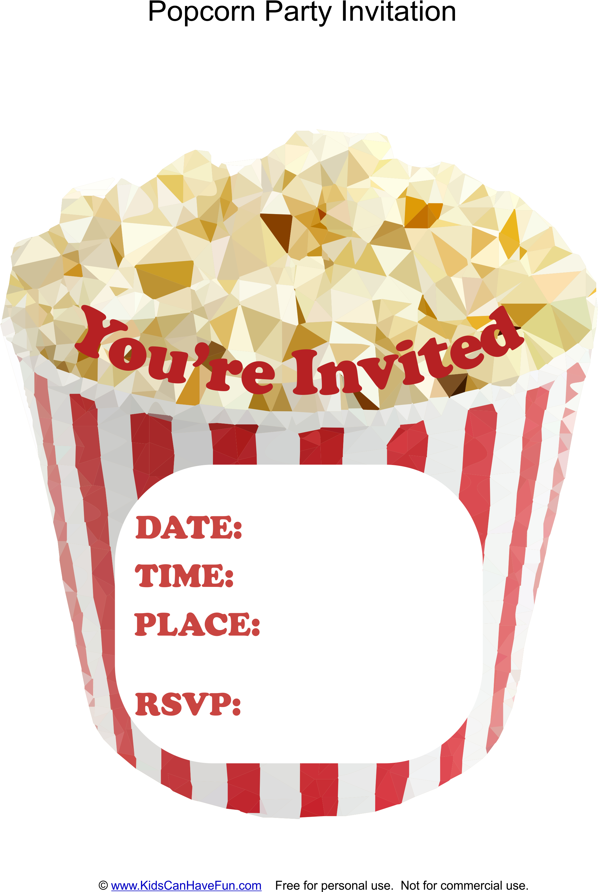 Red Striped Popcorn Party Invitation Template with Event Details PNG