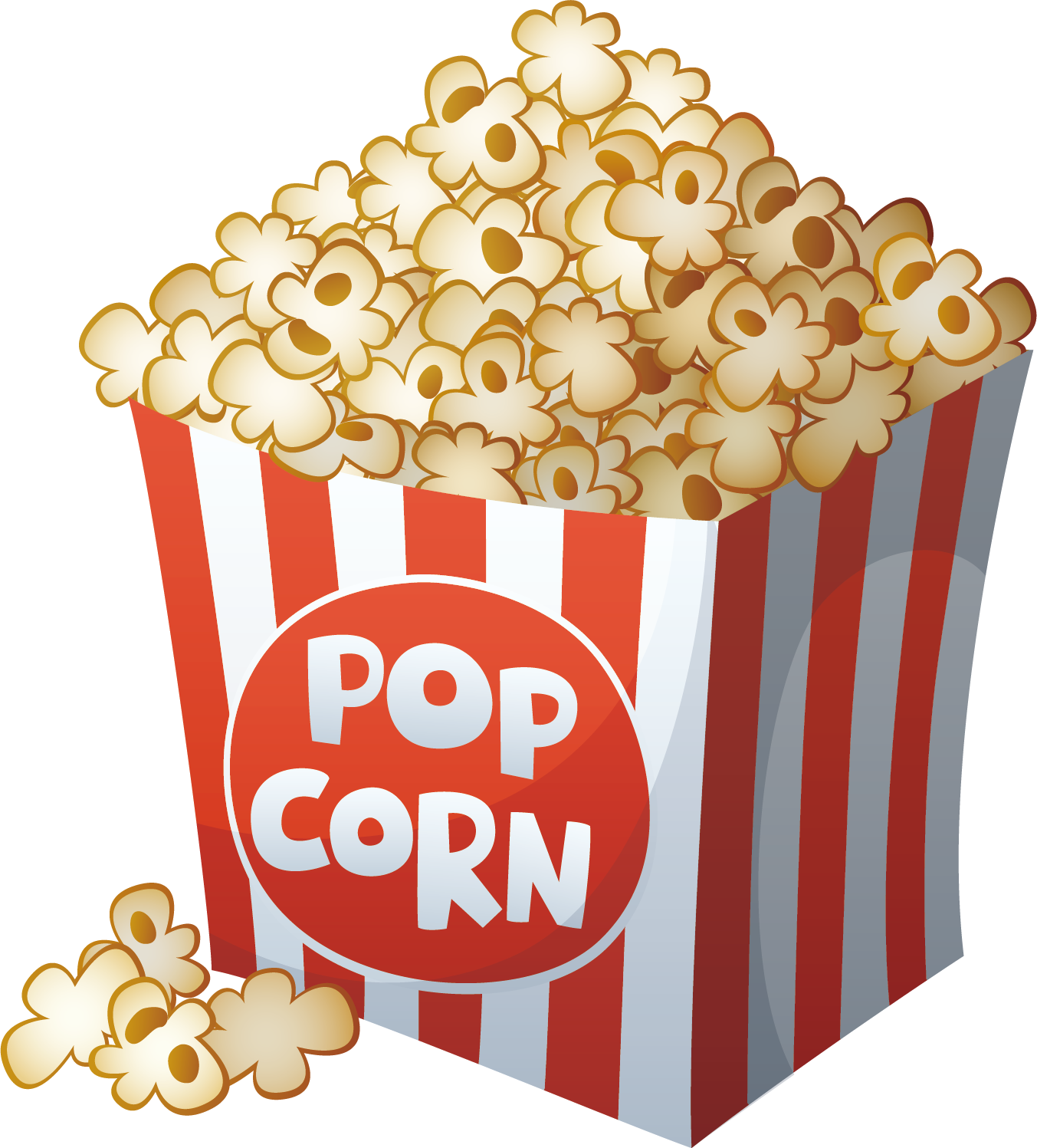 Red White and Gold Cartoon Popcorn Box with Popped Corn PNG Graphic