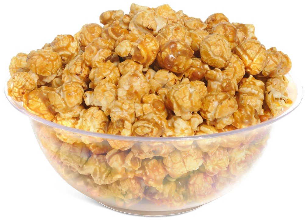 Sweet Caramel Popcorn in Clear Glass Serving Bowl PNG Image
