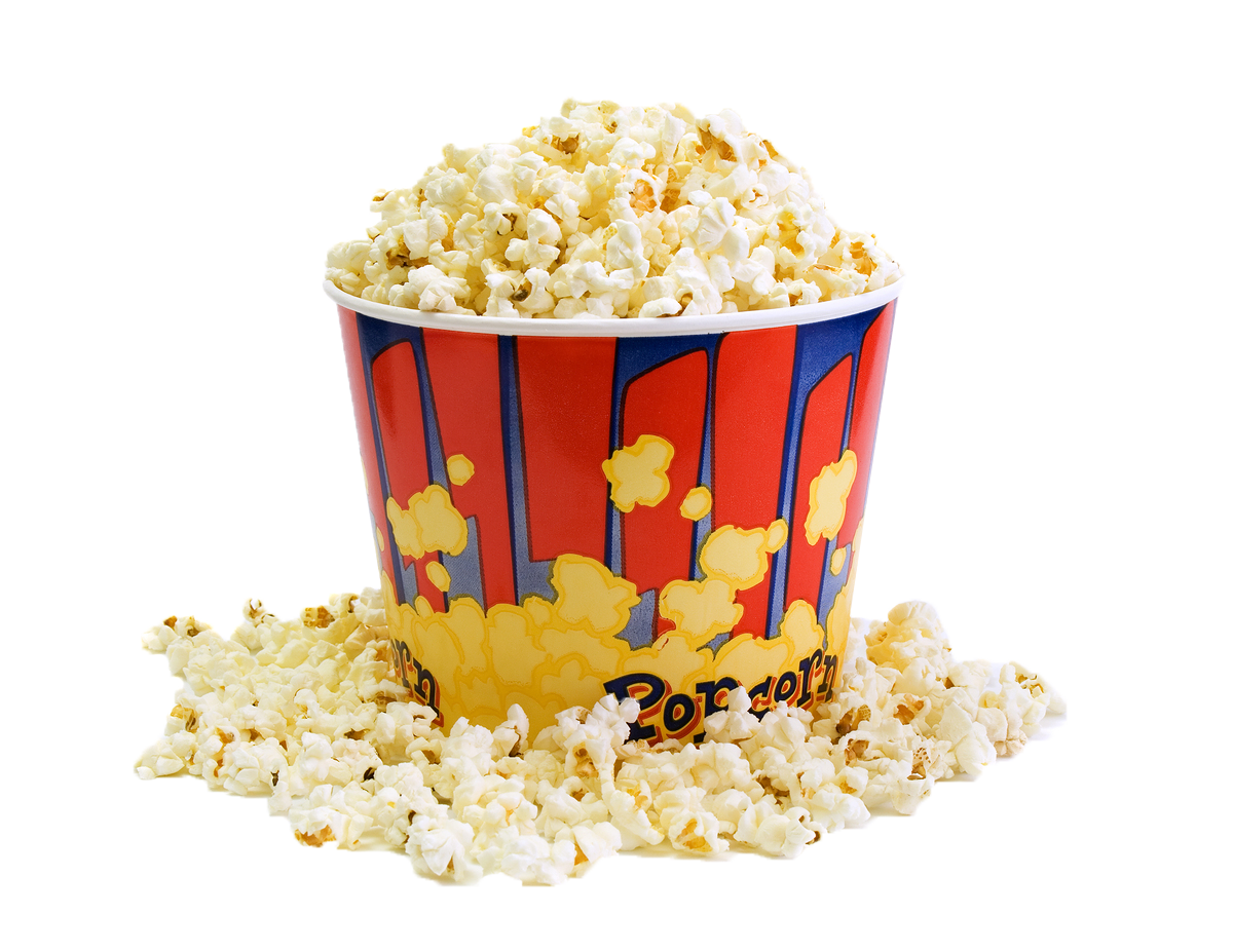 Three Colorful Movie Popcorn Buckets with Fresh Popcorn PNG Image