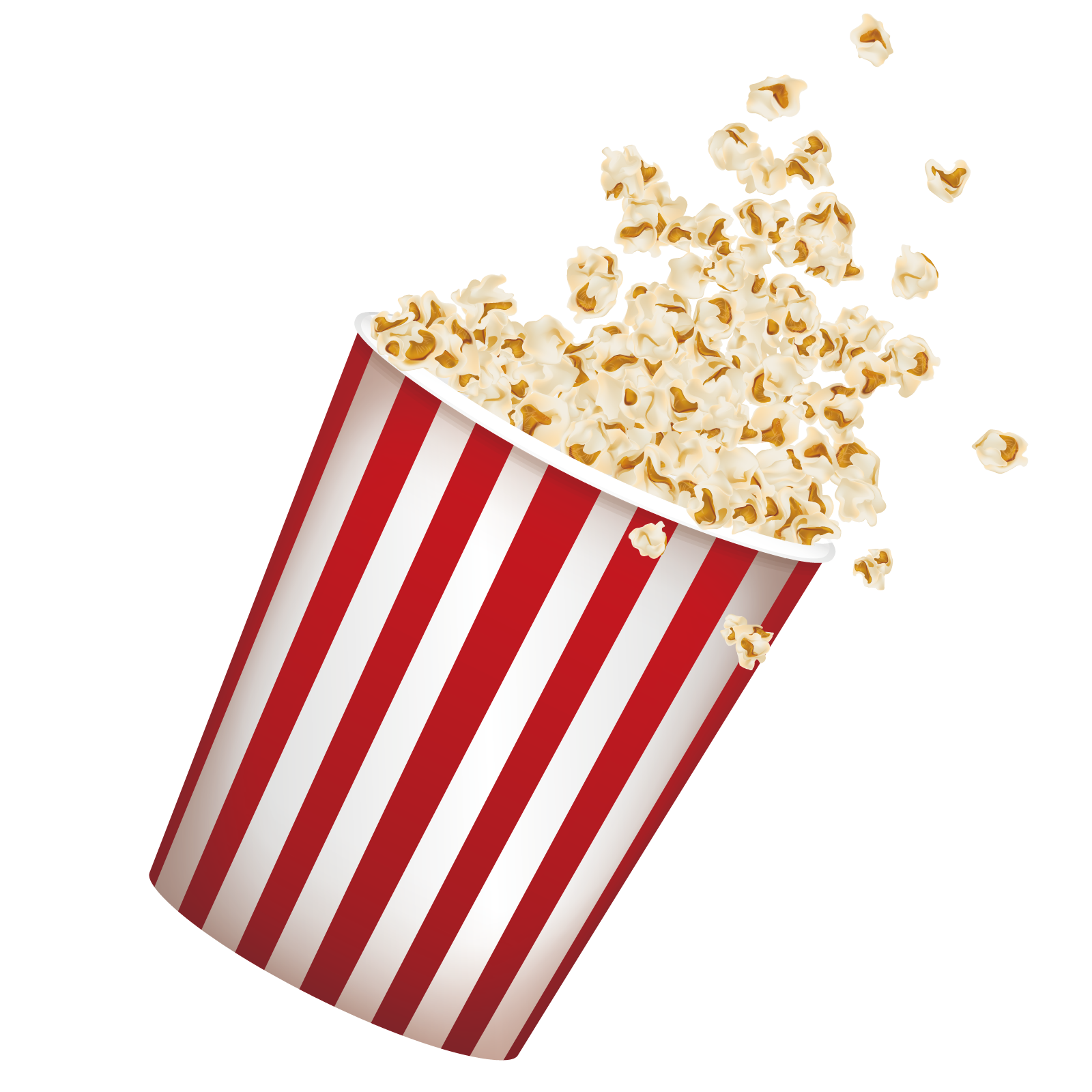 Tilted Red Striped Popcorn Tub Spilling Fresh Kernels PNG Image