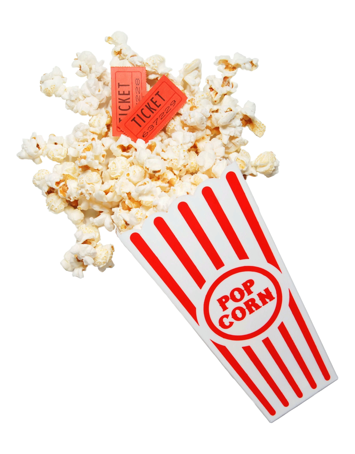 Tipped Red Popcorn Carton Spilling Kernels with Movie Tickets PNG Graphic