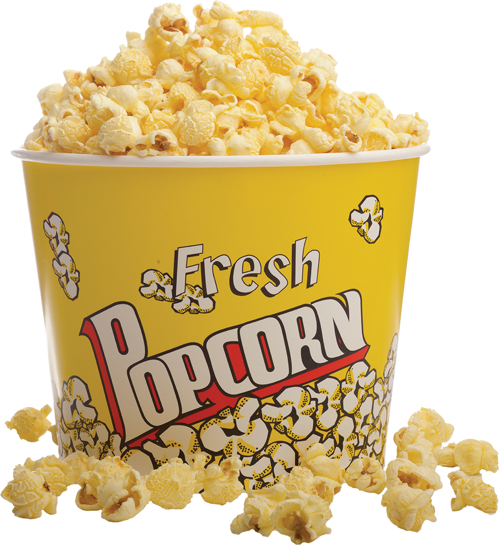 Yellow Fresh Popcorn Bucket with Spilled Kernels Product Graphic PNG