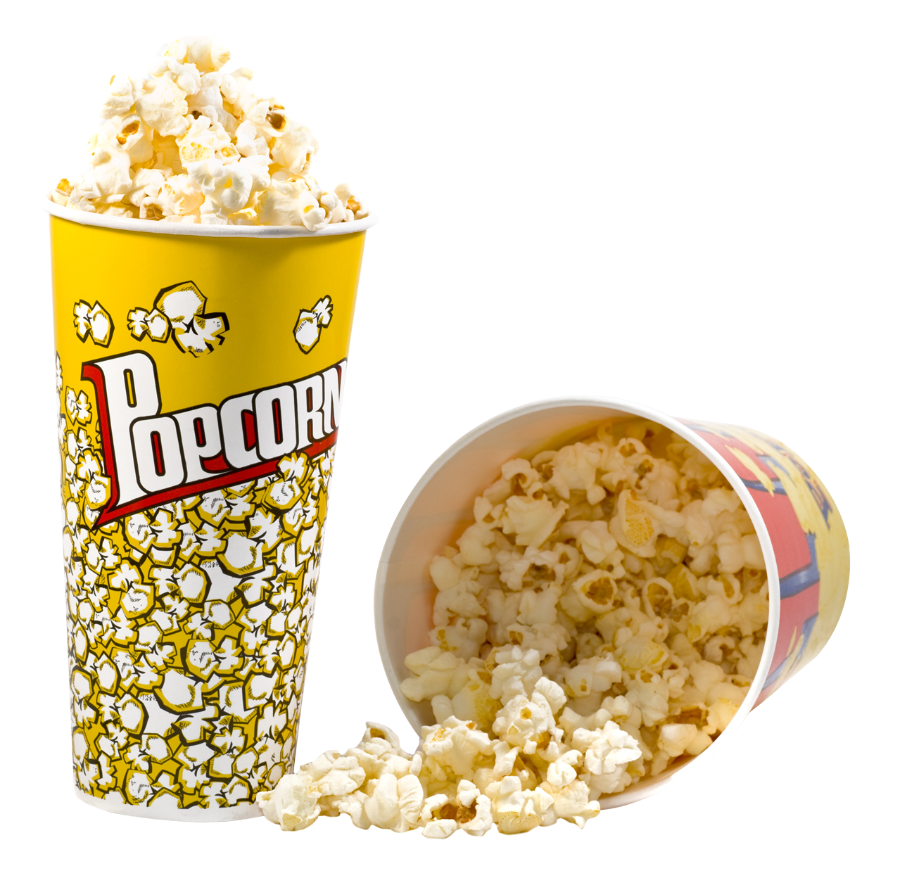 Yellow Popcorn Bucket Tipped Over with Kernels Spilled Beside It PNG Image