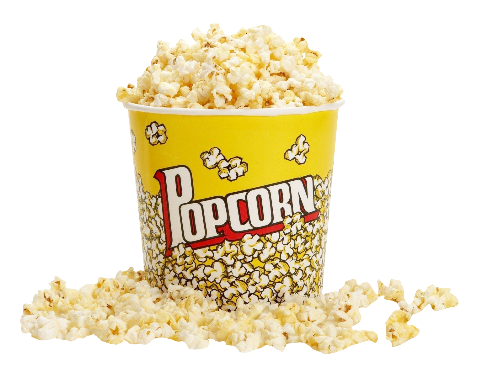 Yellow Popcorn Tub with Spilled Popped Kernels Product Graphic PNG