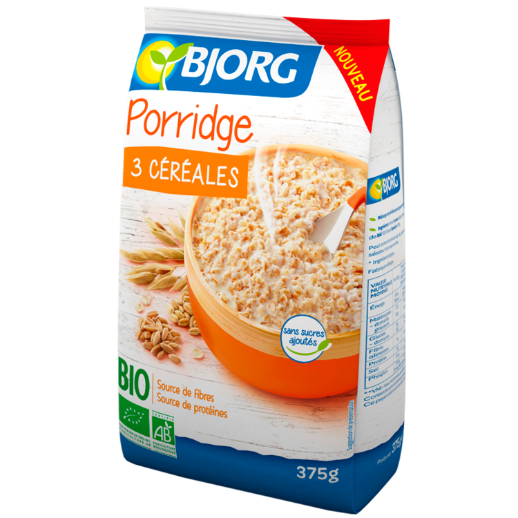 Bjorg Organic Three Cereal Porridge Carton Product Packaging PNG Image