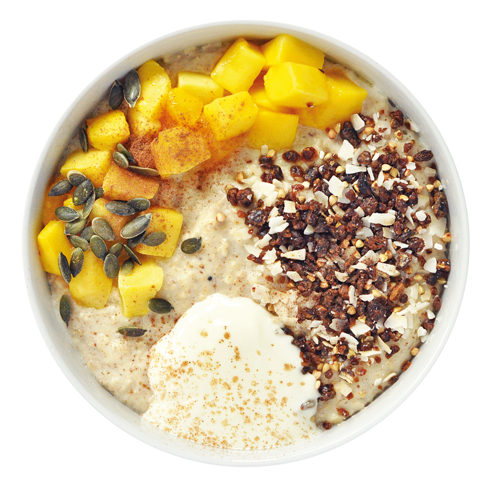 Breakfast Oatmeal Bowl with Mango Seeds and Fresh Fruit PNG Image