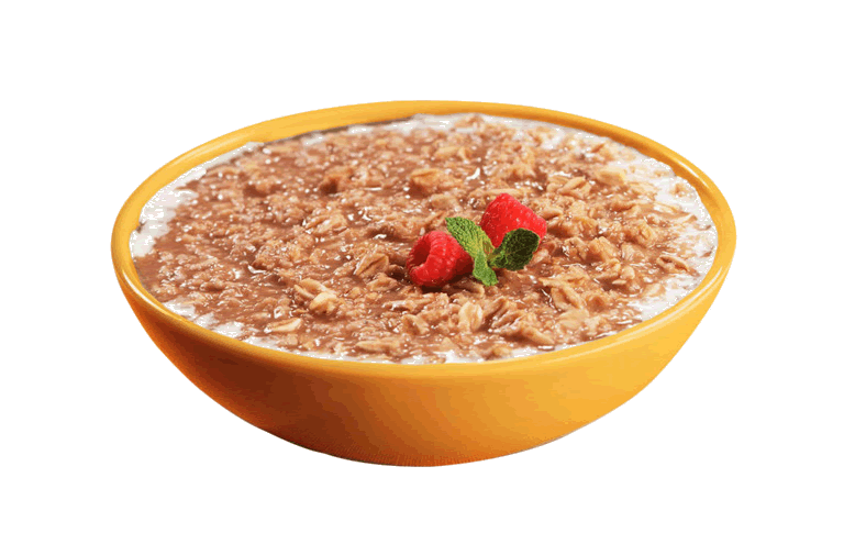 Brown Cinnamon Oatmeal with Red Berry Garnish in Orange Bowl PNG Image