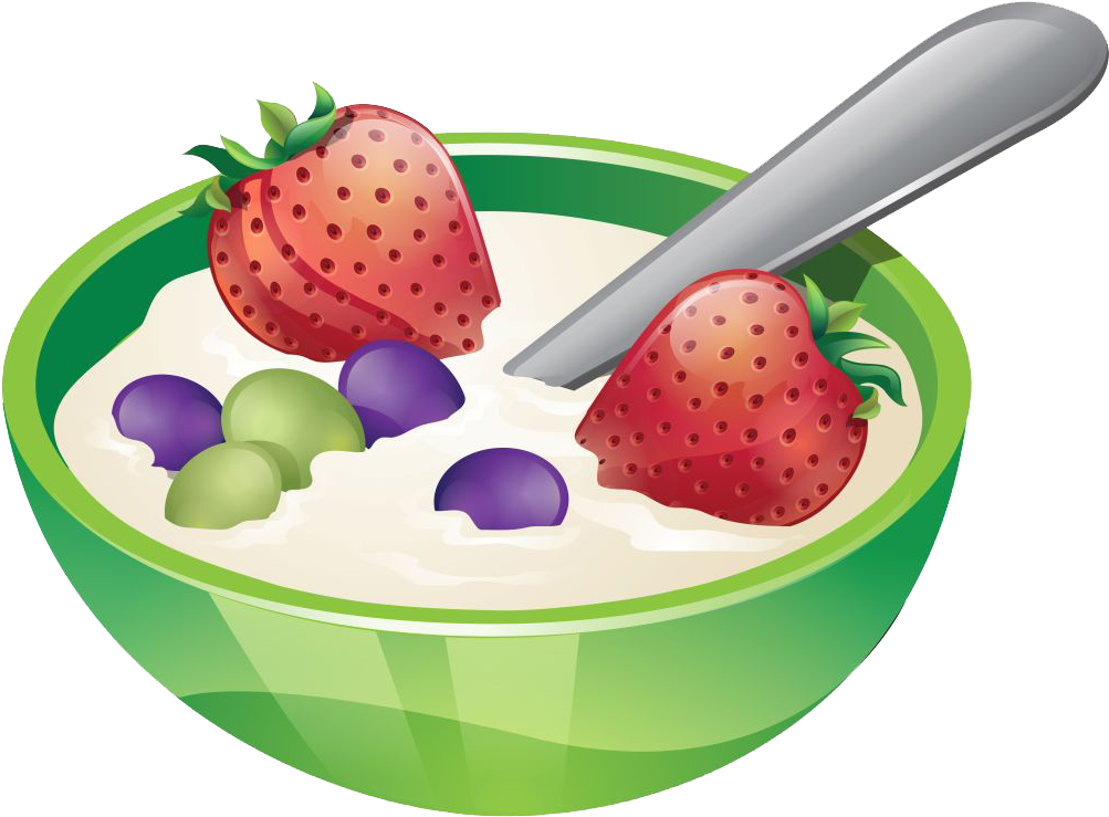 Colorful Cartoon Breakfast Bowl with Strawberries Grapes and Spoon PNG Illustration