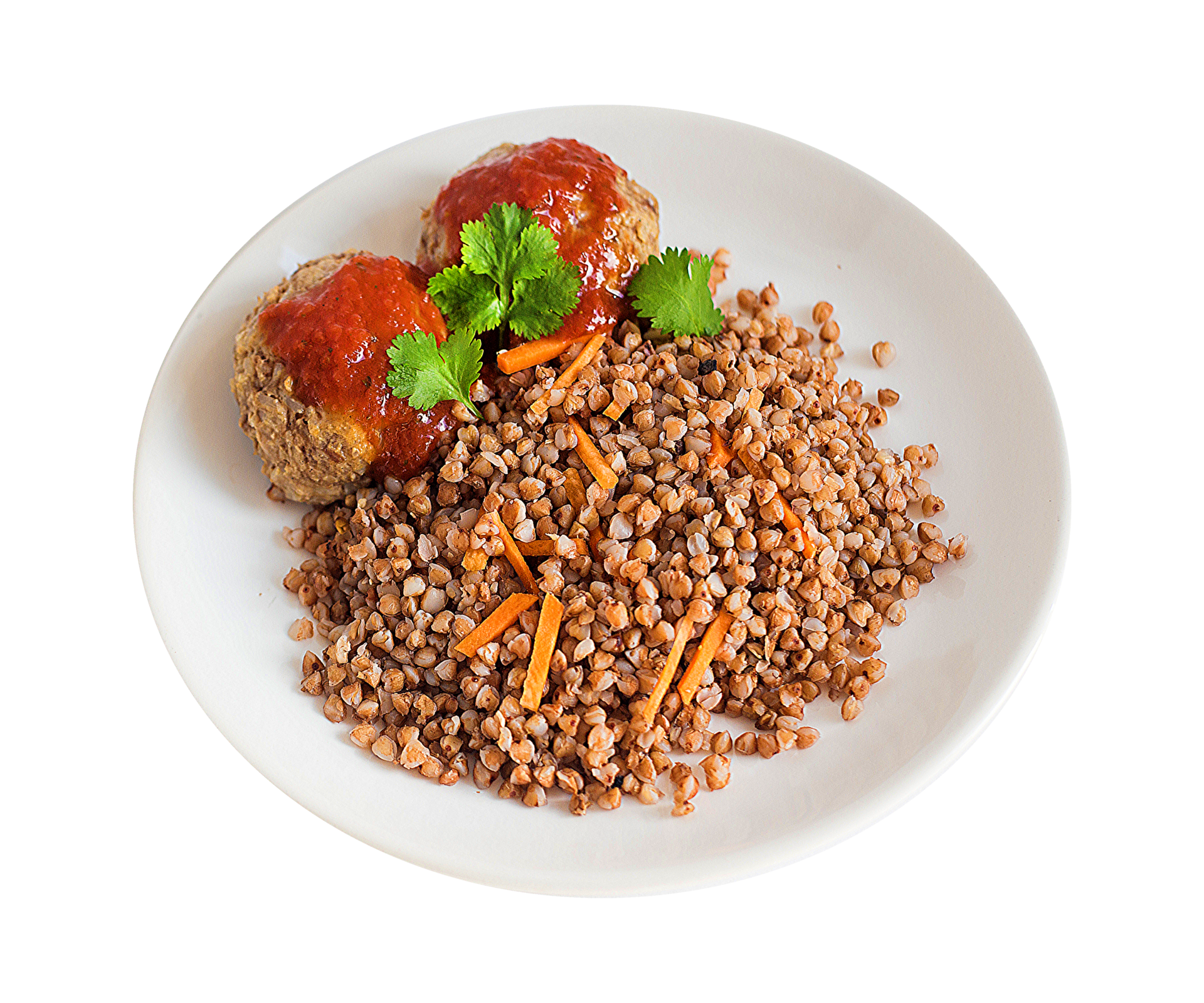 Cooked Buckwheat Groats with Meatballs and Vegetables on White Plate PNG Image