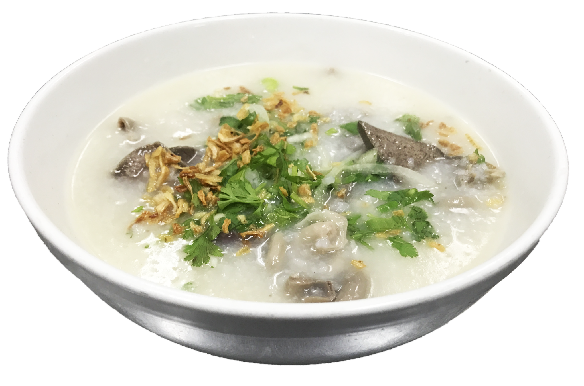 Creamy Mushroom Soup with Herbs and Sliced Mushrooms in White Bowl PNG Image
