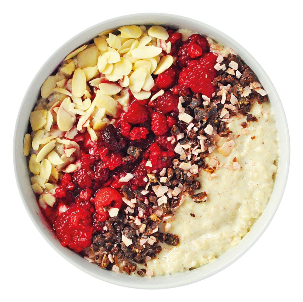 Healthy Porridge Bowl Topped with Nuts Seeds and Dried Cranberries PNG