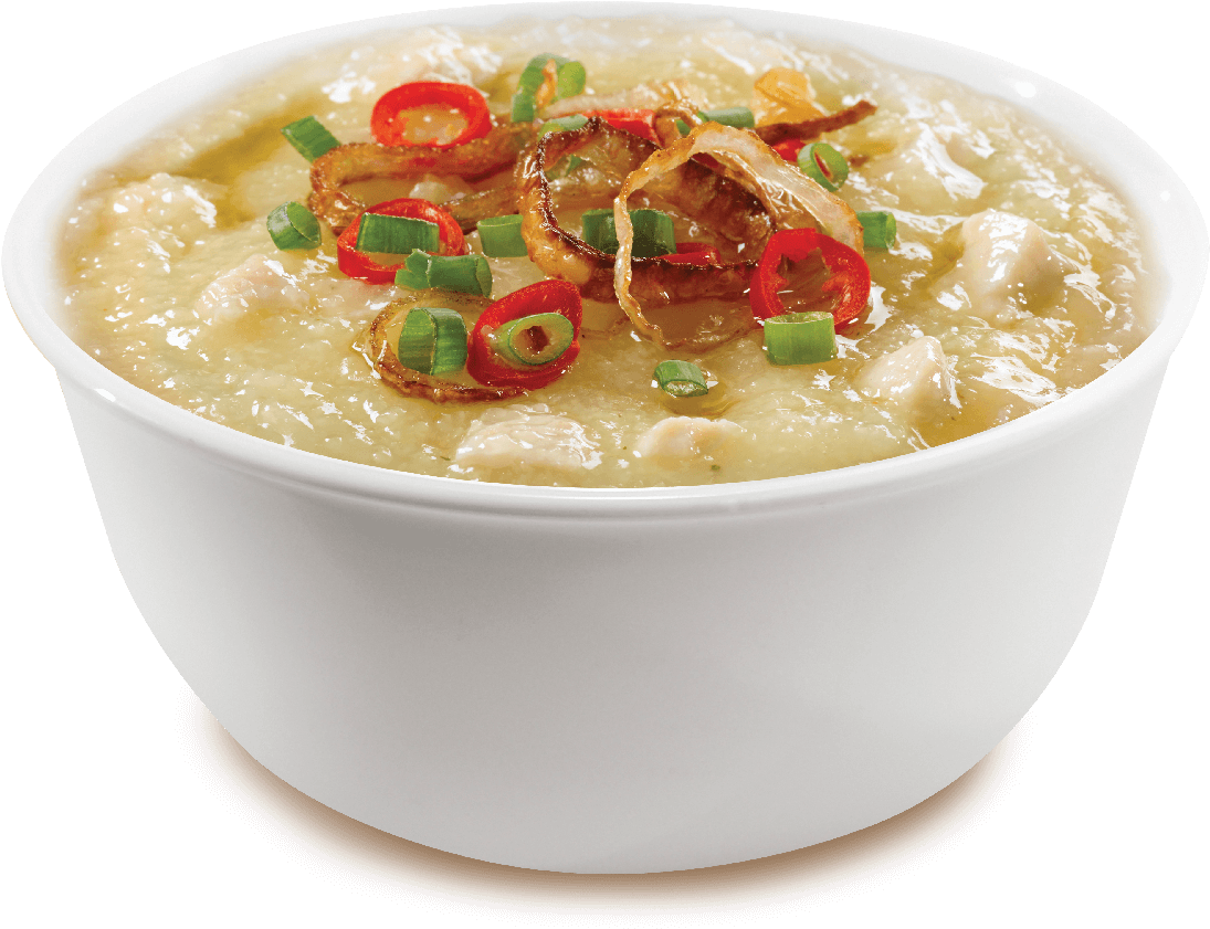 Savory Rice Porridge with Green Onion and Red Chili in White Bowl PNG Image