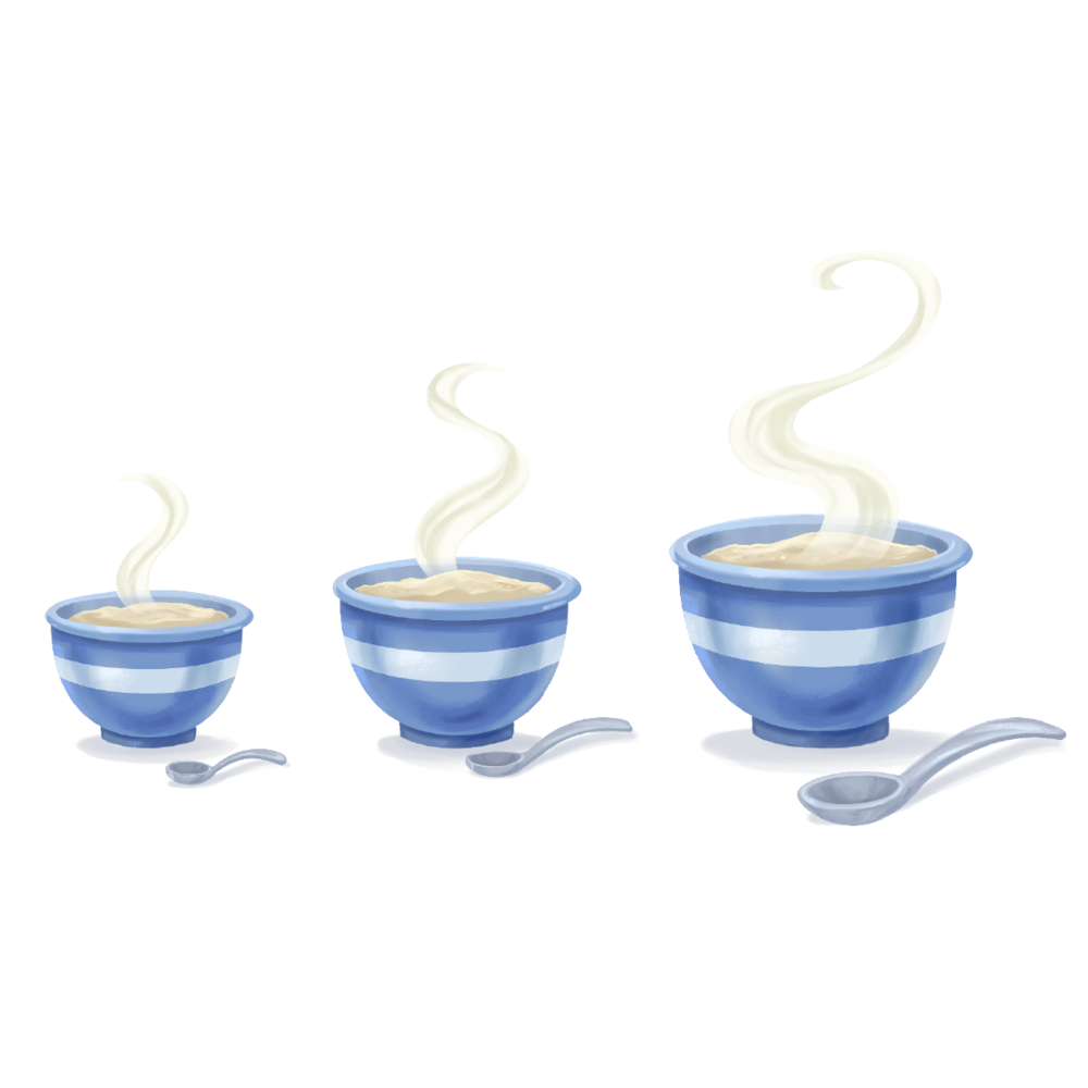 Three Blue Bowls of Steaming Breakfast Porridge Illustration PNG