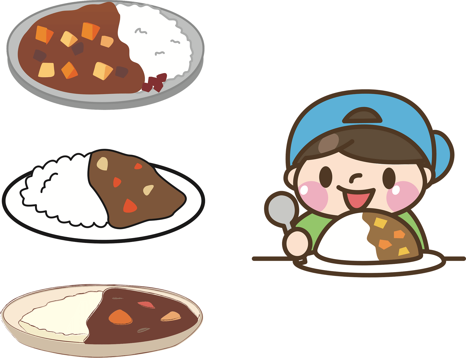 Cartoon Rice Meal Set with Curry Bowls and Serving Plate PNG Illustration
