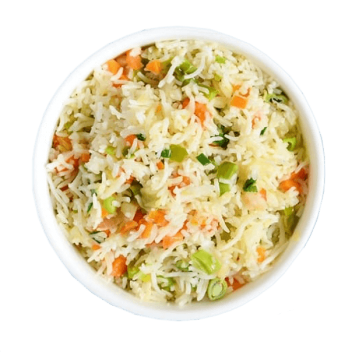 Chicken and Vegetable Rice Pilaf in White Bowl PNG Image