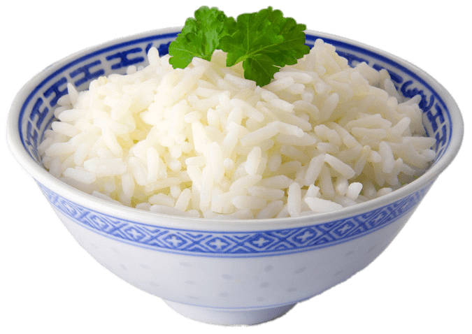 Cooked White Rice in Blue Patterned Ceramic Bowl PNG Food Image