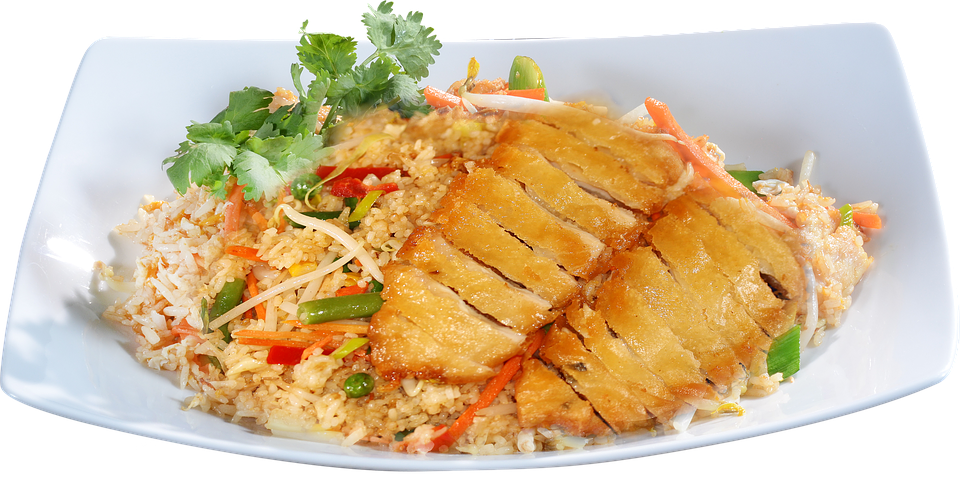 Grilled Chicken Breast with Rice and Green Salad on White Plate PNG Image