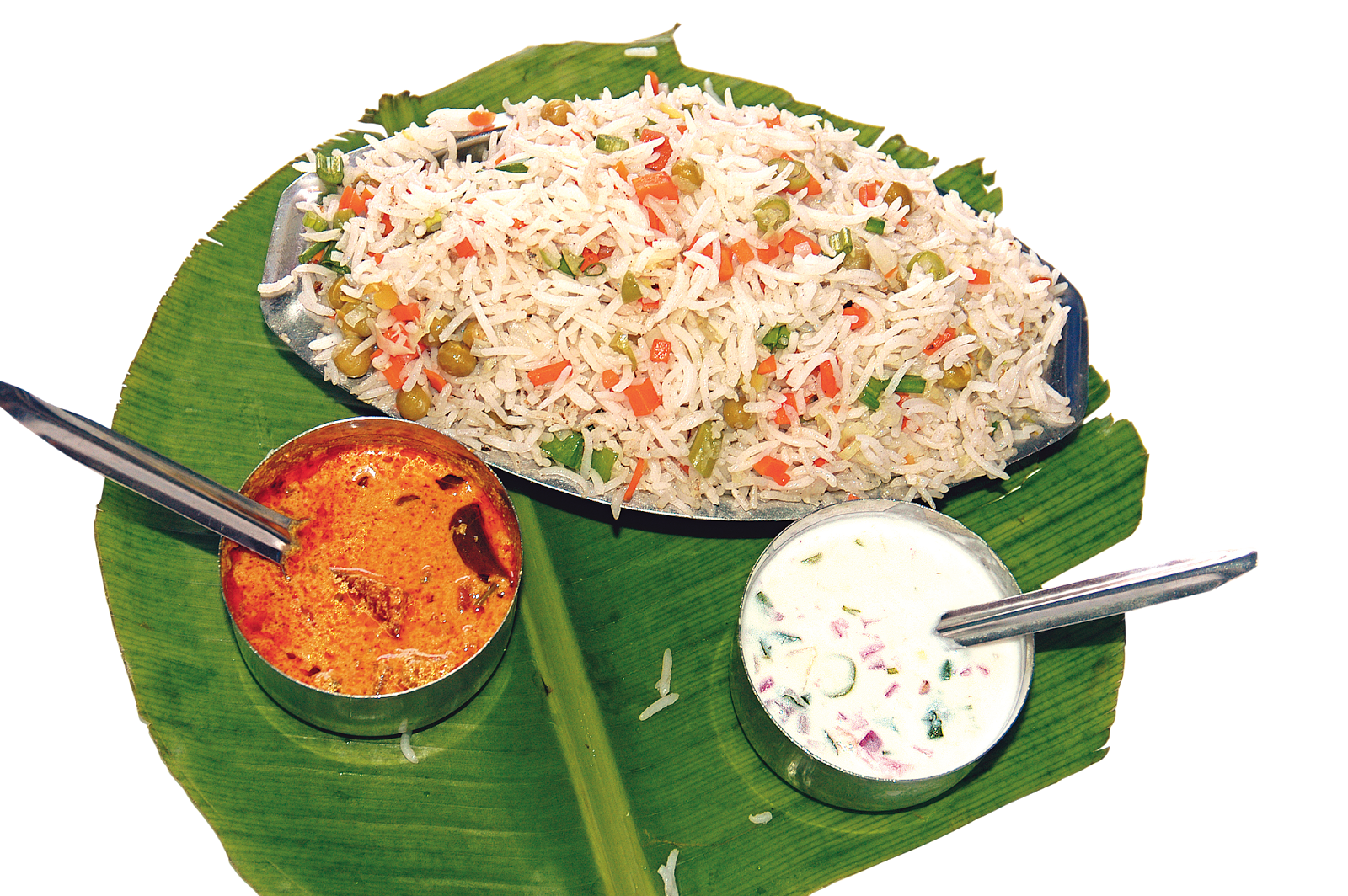 South Indian Rice Platter with Curries Chutneys and Banana Leaf PNG Image