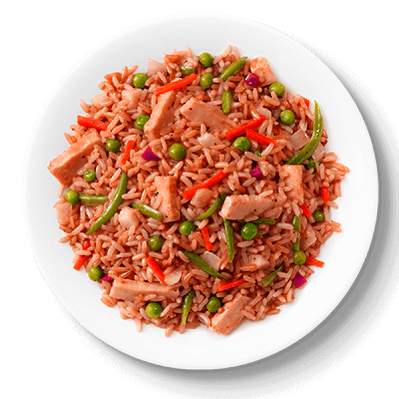 Spicy Tomato Rice with Fresh Herbs and Vegetables on White Plate PNG Image