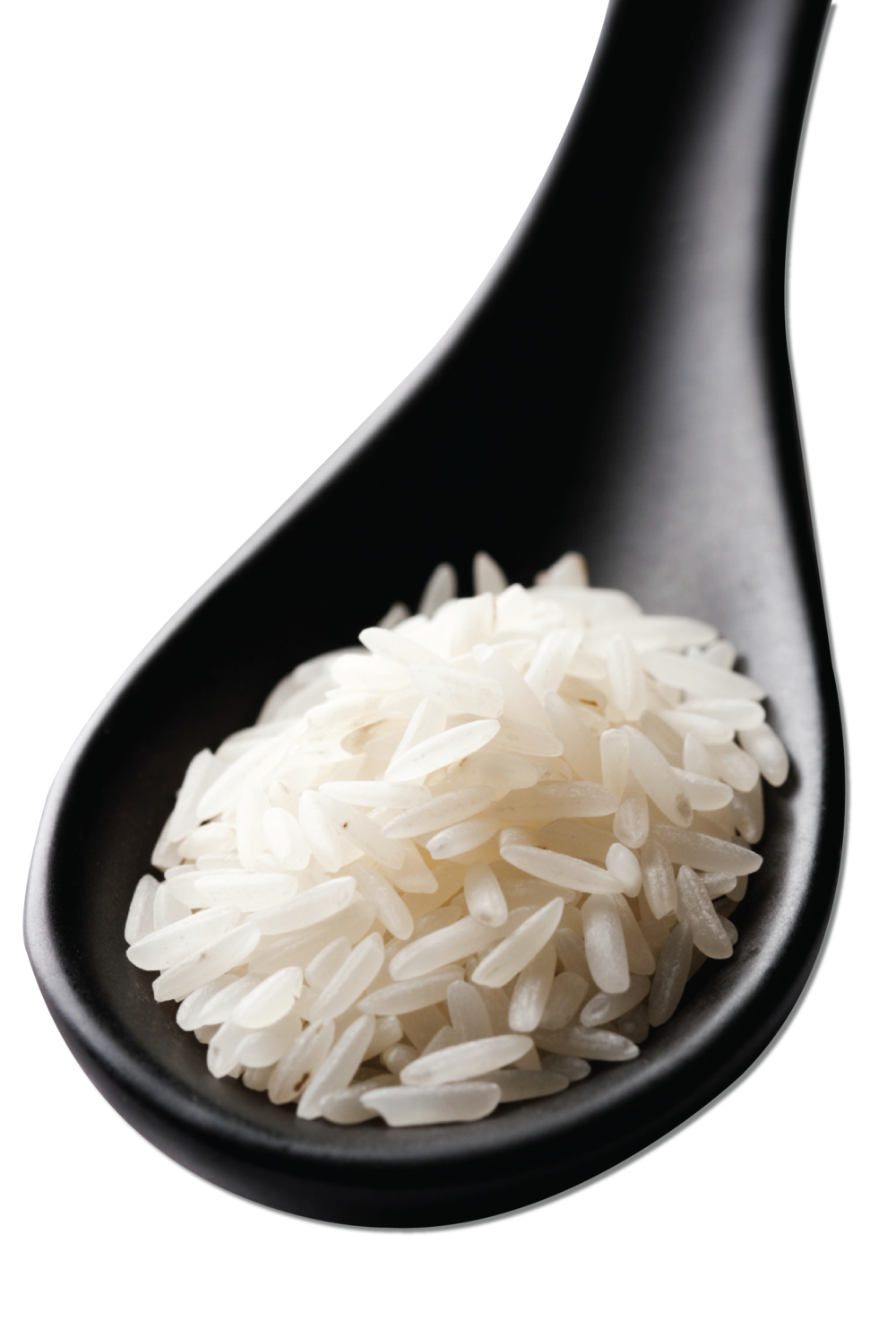 Steamed White Rice Served in Black Asian Soup Spoon PNG Cutout