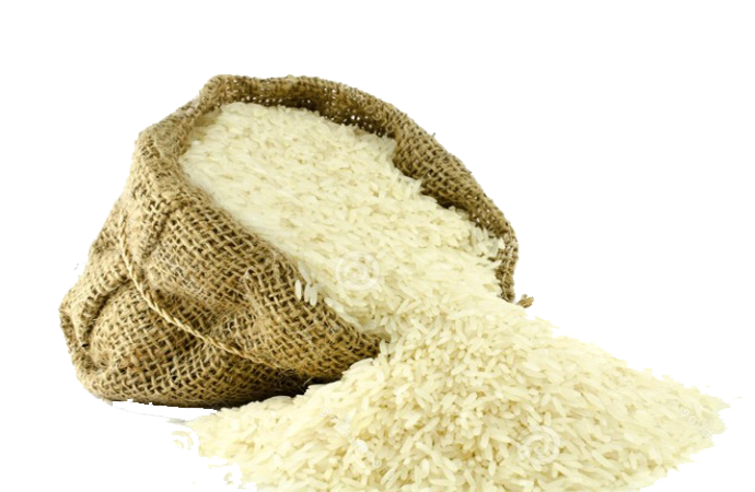 Uncooked White Rice Pouring from Burlap Sack on Transparent Background