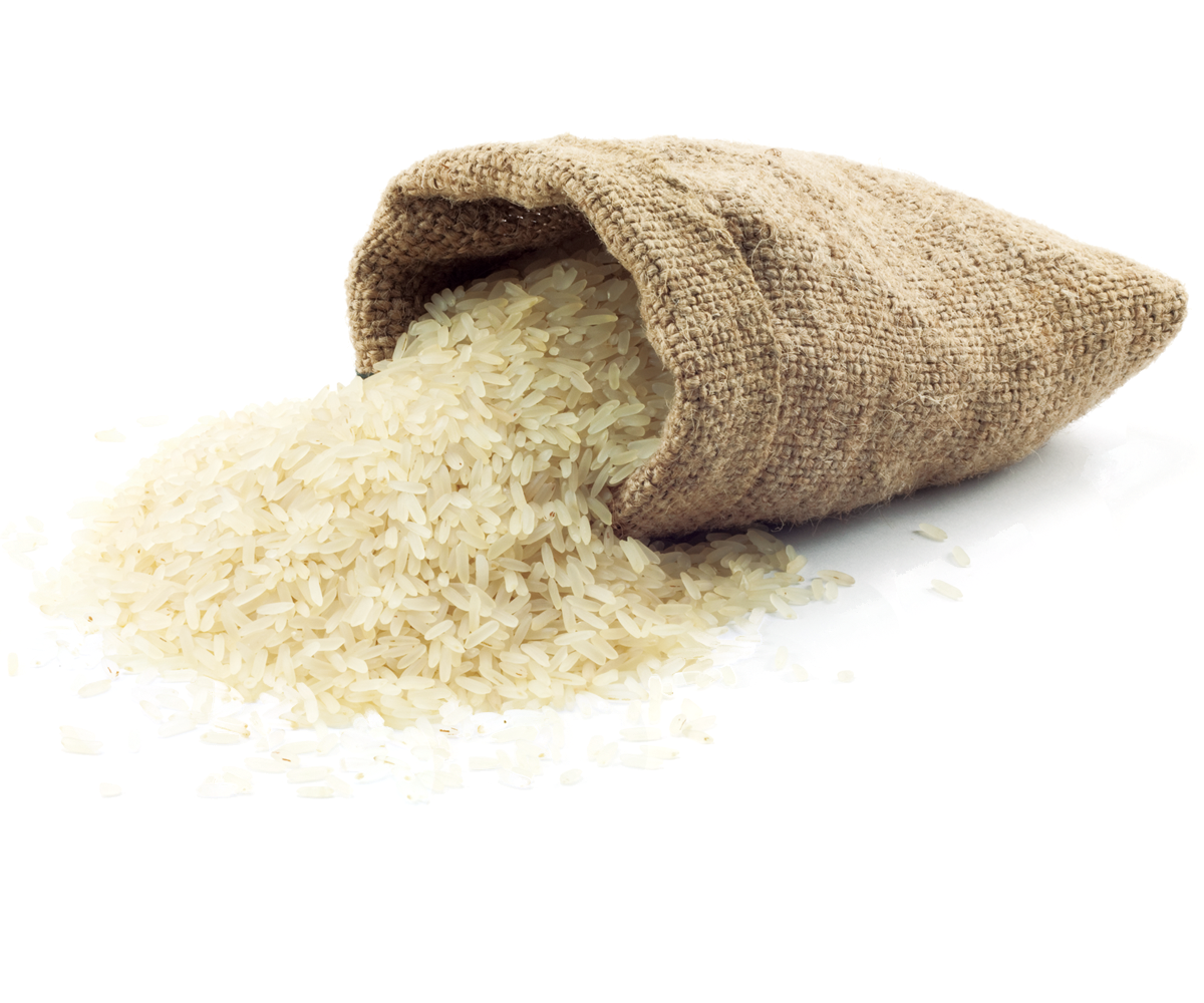 White Rice Grains Spilling from Open Burlap Sack PNG Ingredient Image