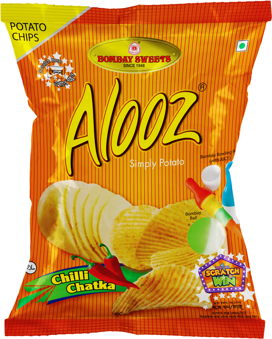 Alooz Potato Chips Snack Packet with Yellow Branding PNG Image