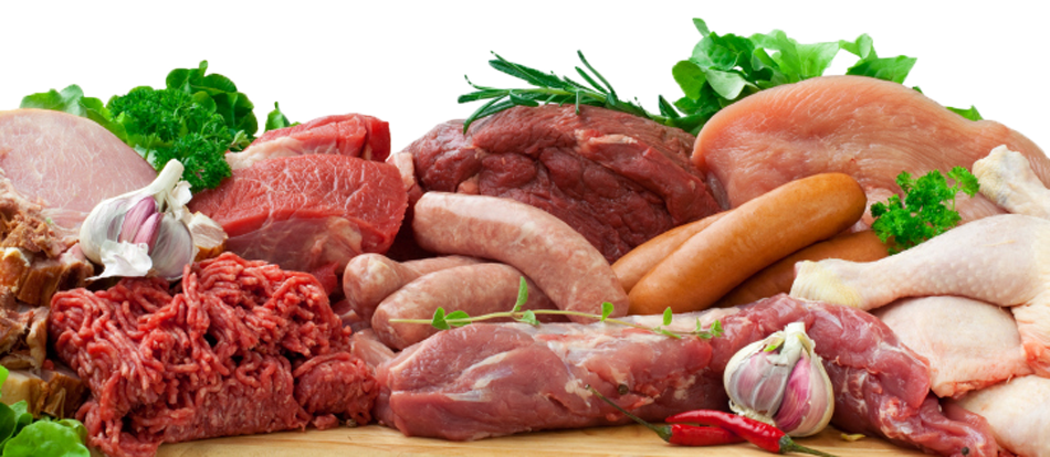 Assorted Fresh Meat Cuts and Sausages on Butcher Display PNG Image