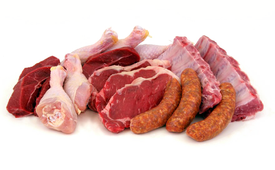 Assorted Raw Meat Cuts Sausages and Ribs on White Background PNG