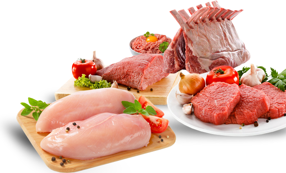 Assortment of Fresh Meat Chicken and Seafood on Serving Plates PNG Image