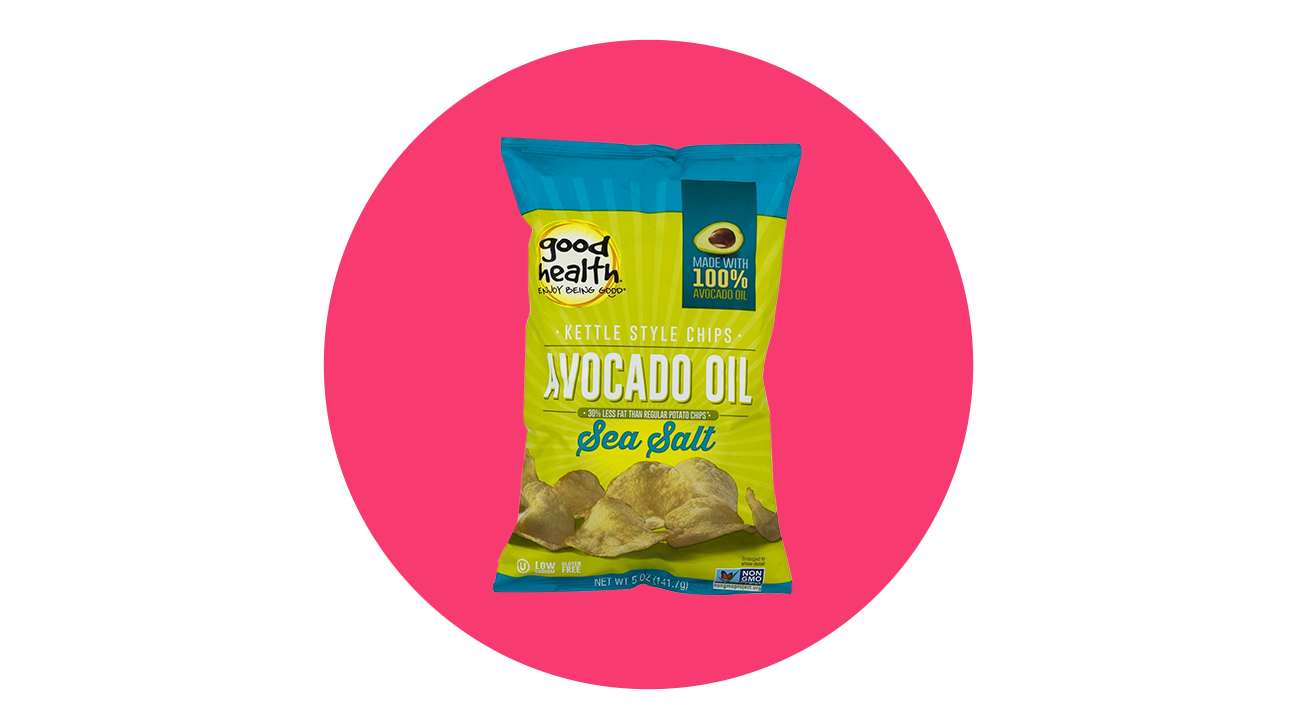 Avocado Oil Potato Chips Package in Pink Circle Product Graphic PNG