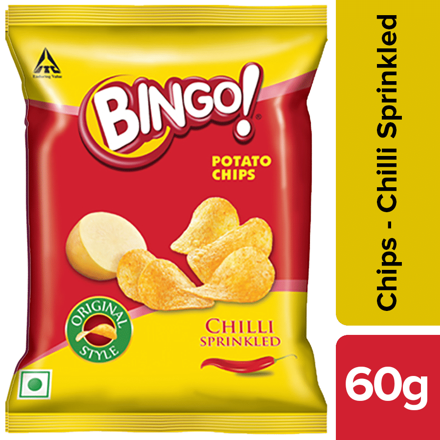 Bingo Potato Chips Yellow Snack Packet with Branding PNG Image