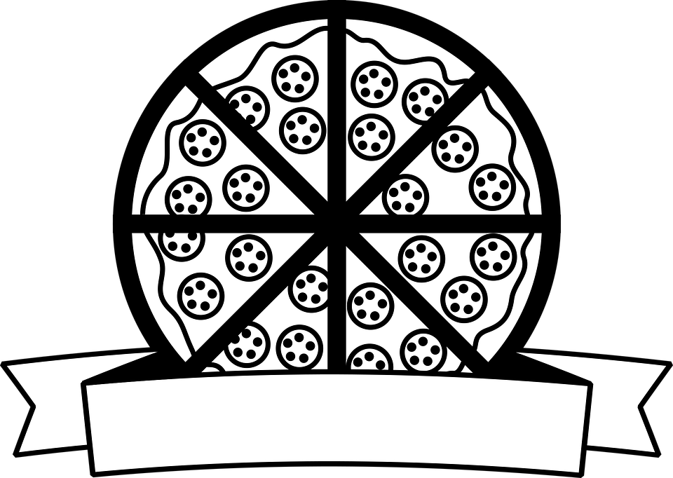 Black Line Drawing of Whole Pizza with Blank Ribbon Banner PNG