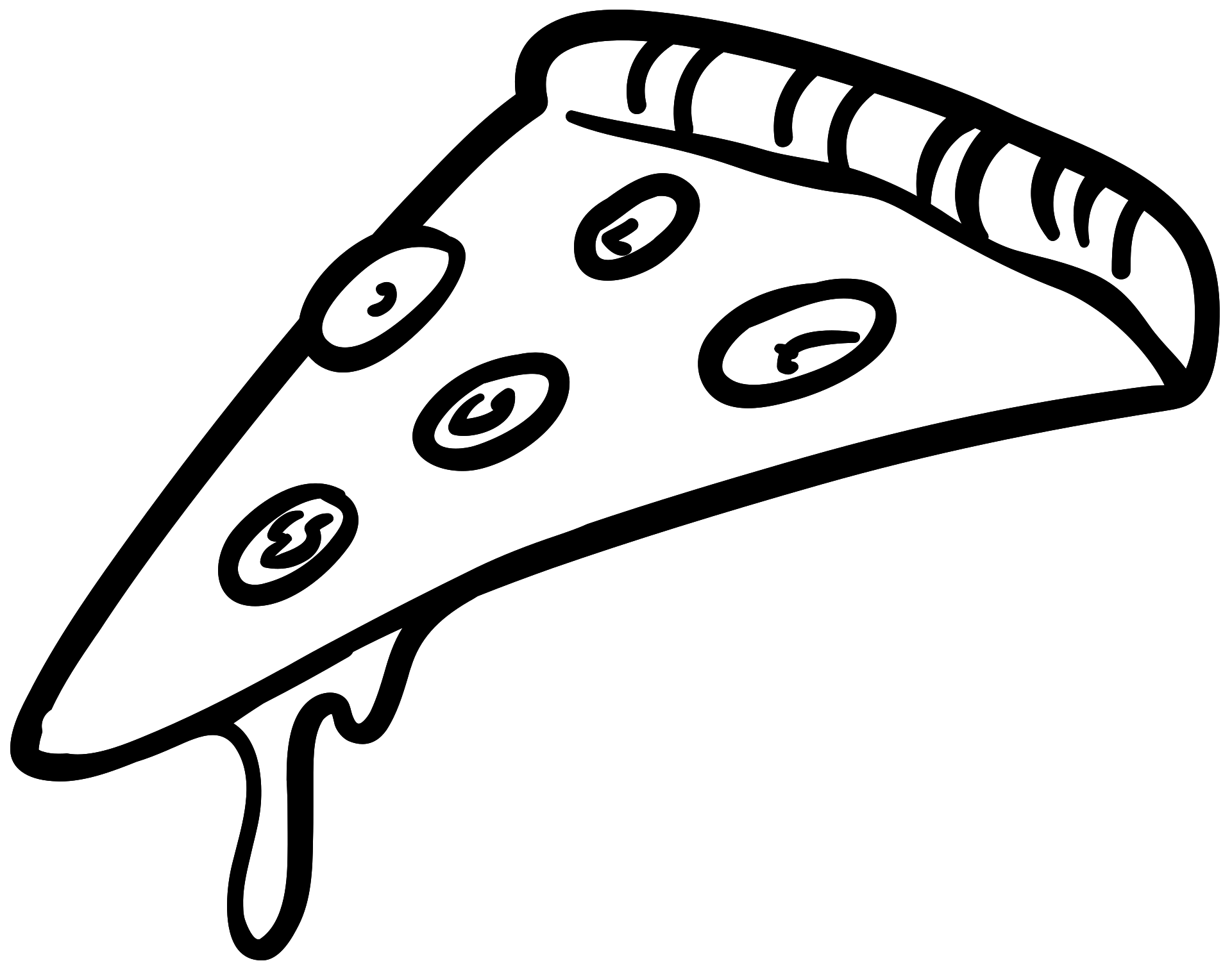 Black Outline Pizza Slice with Melted Cheese Dripping PNG Graphic