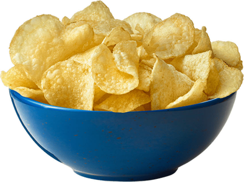Bowl of Golden Kettle Cooked Potato Chips on White Background PNG