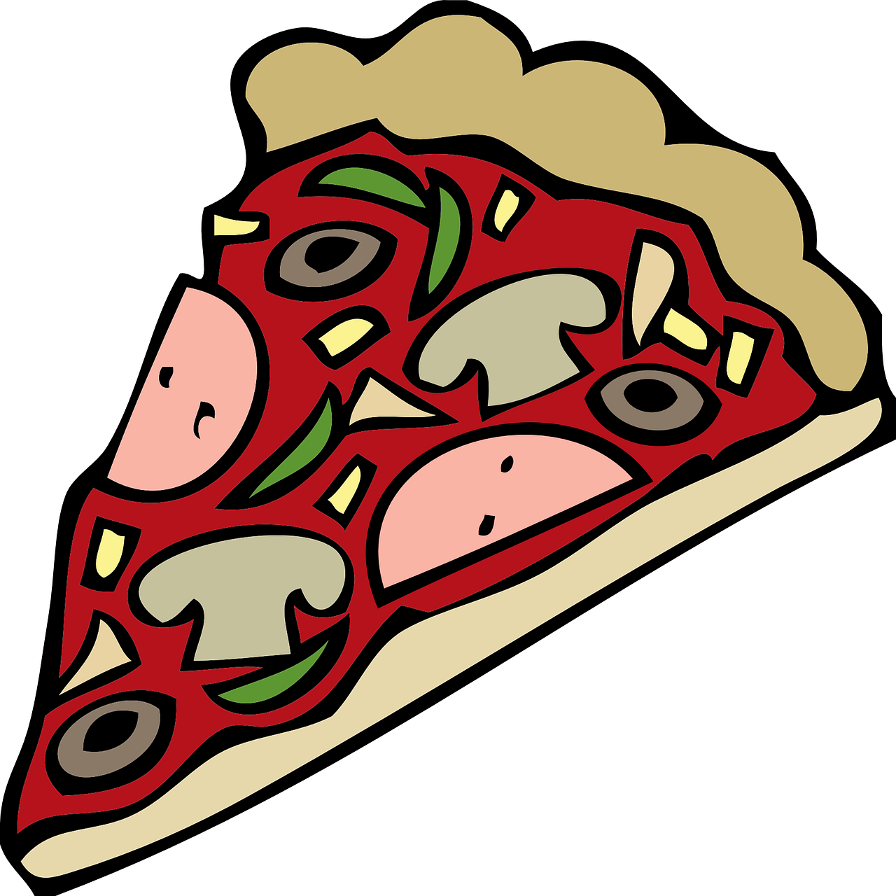 Cartoon Pizza Slice with Spicy Meat Olives and Tomato PNG Illustration