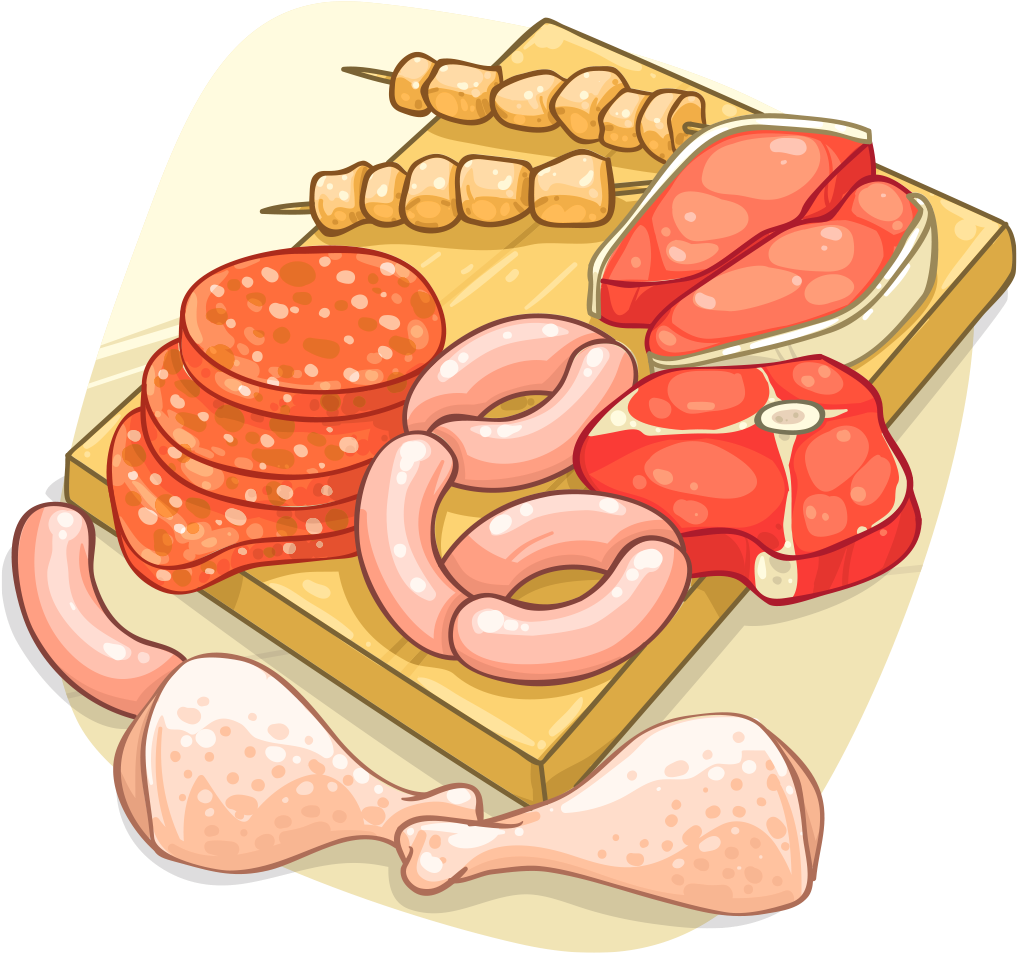 Colorful Cartoon Assortment of Sausage Fish and Meat Cuts PNG Graphic
