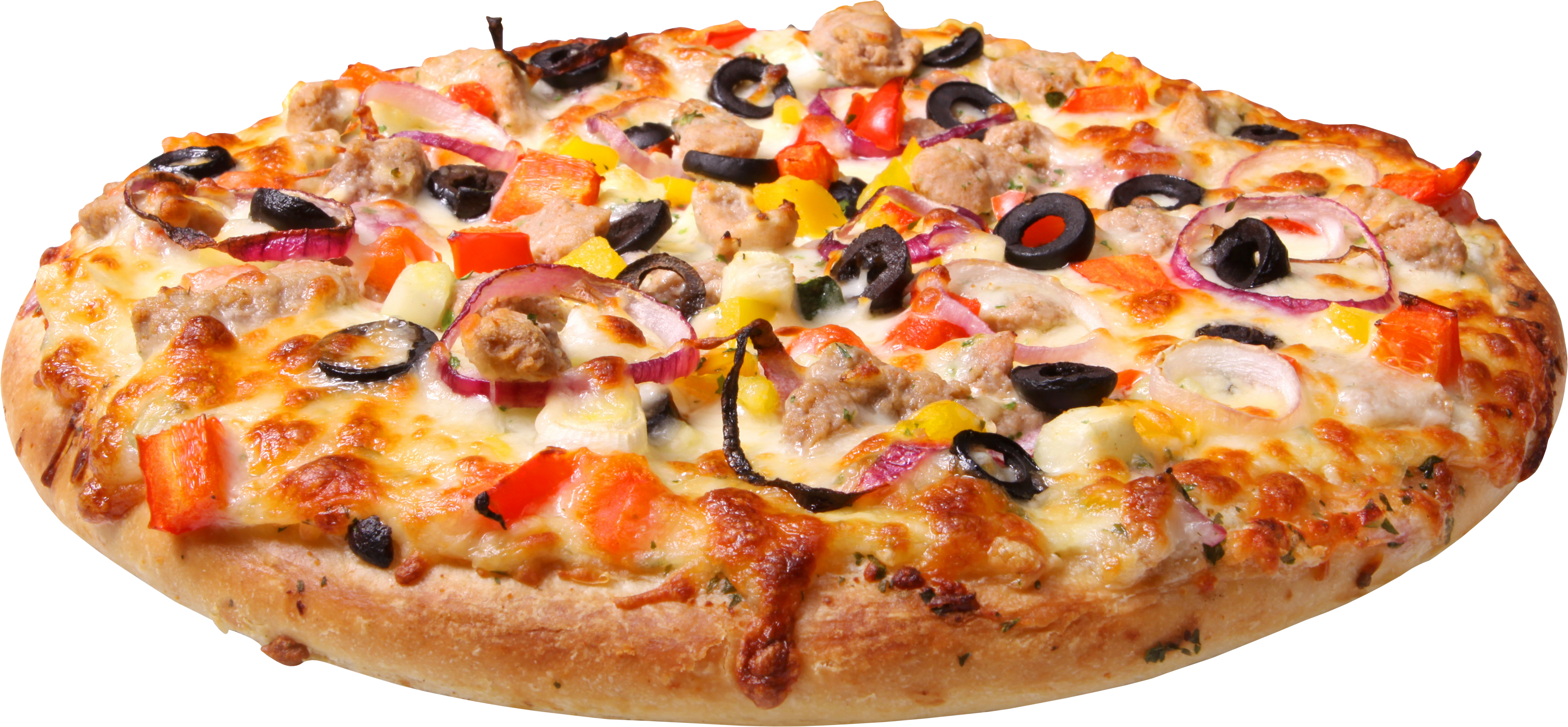 Colorful Vegetable Pizza with Black Olives and Red Peppers PNG Image