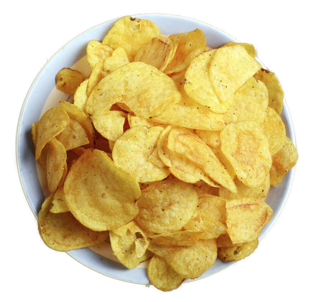 Crispy Kettle Cooked Potato Chips Piled in White Bowl PNG Image