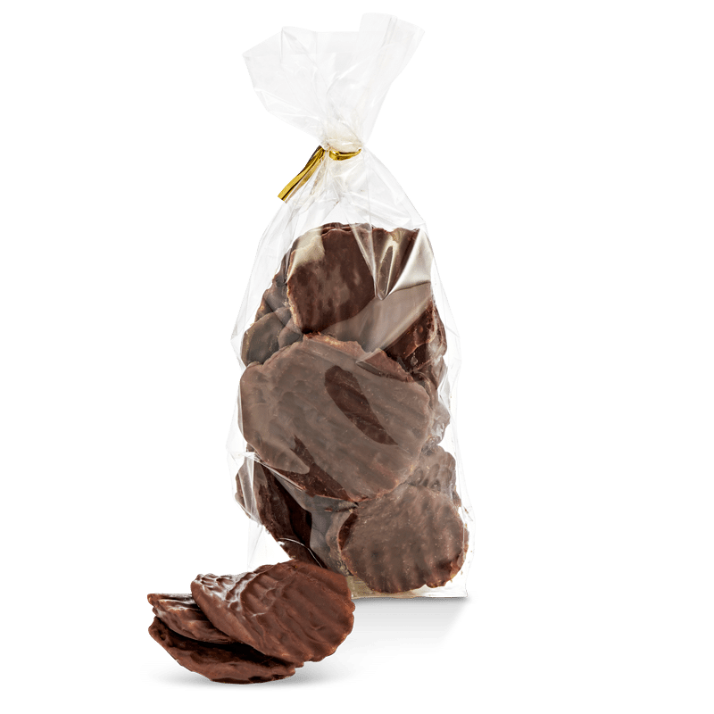 Dark Chocolate Covered Potato Chips in Clear Gift Bag PNG Image