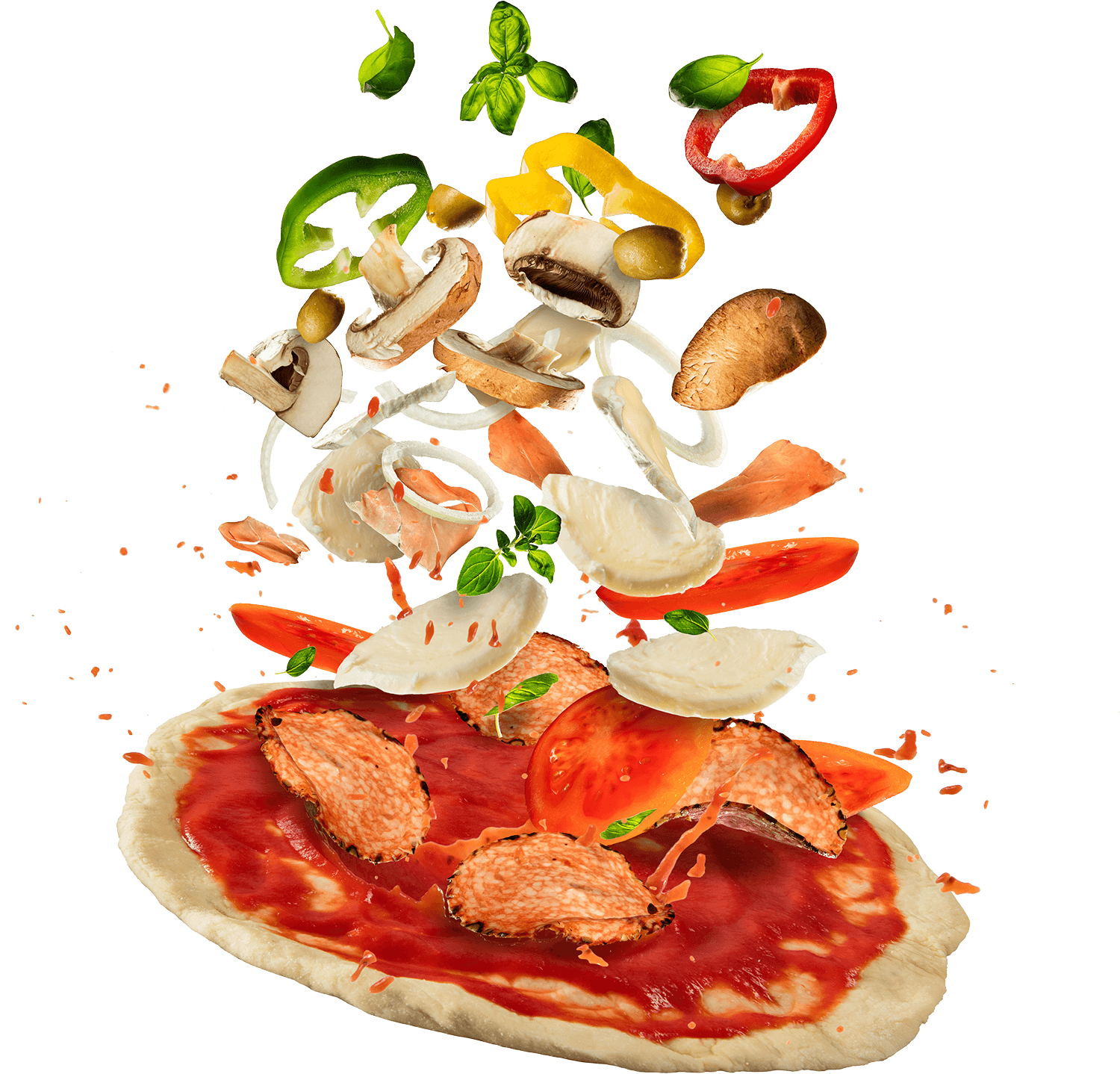 Exploded Pizza Slice with Floating Tomato Cheese and Basil Toppings PNG