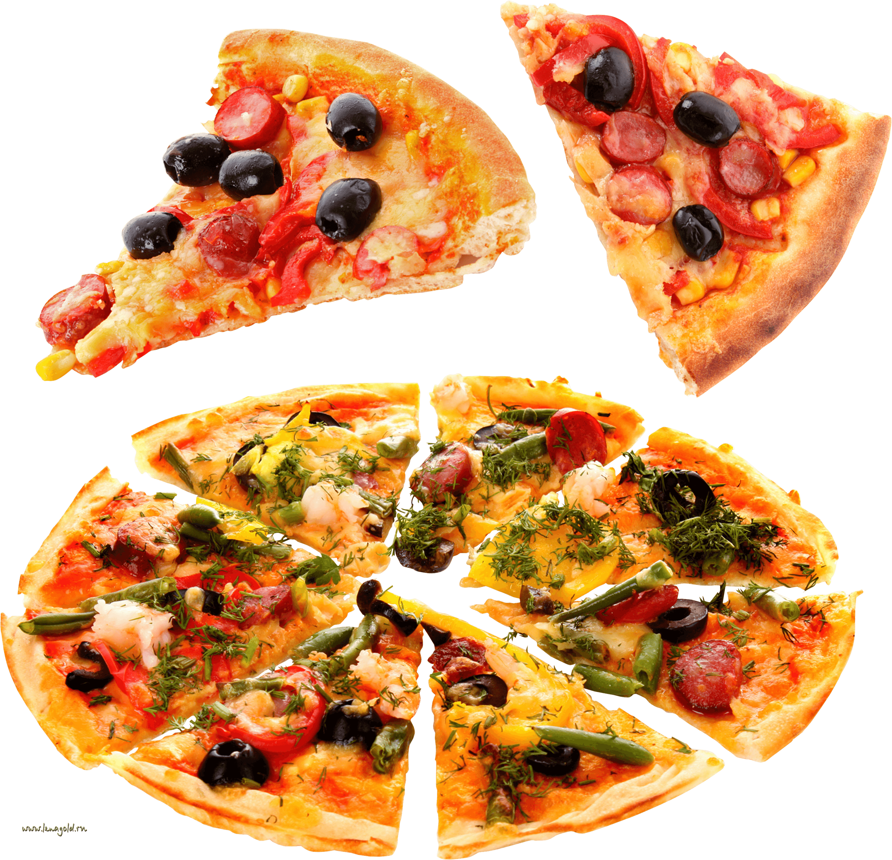 Four Mini Pizza Slices with Colorful Assorted Toppings PNG Image