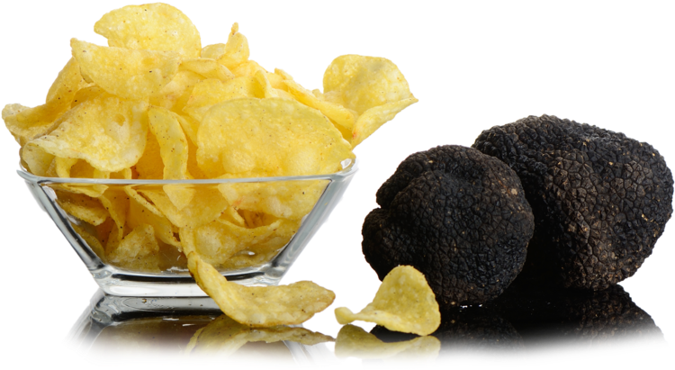 Golden Potato Chips Served with Black Truffle on White Plate PNG