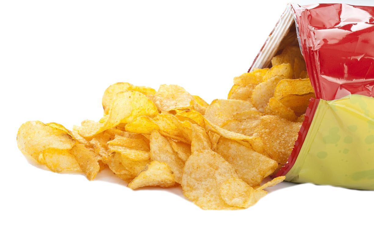 Golden Potato Chips Spilling from Red Snack Bag PNG Image