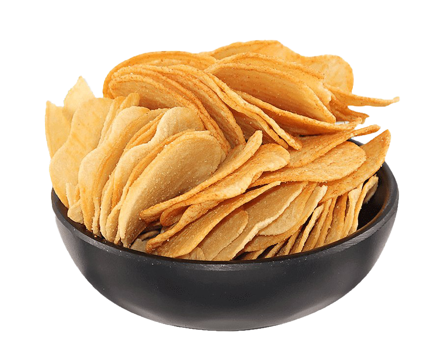 Golden Potato Crisps in Black Serving Bowl PNG Food Photograph