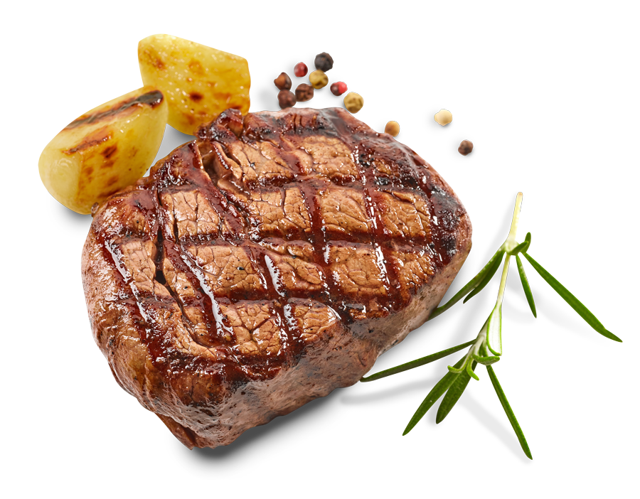 Grilled Steak with Roasted Potato and Rosemary Garnish PNG Image