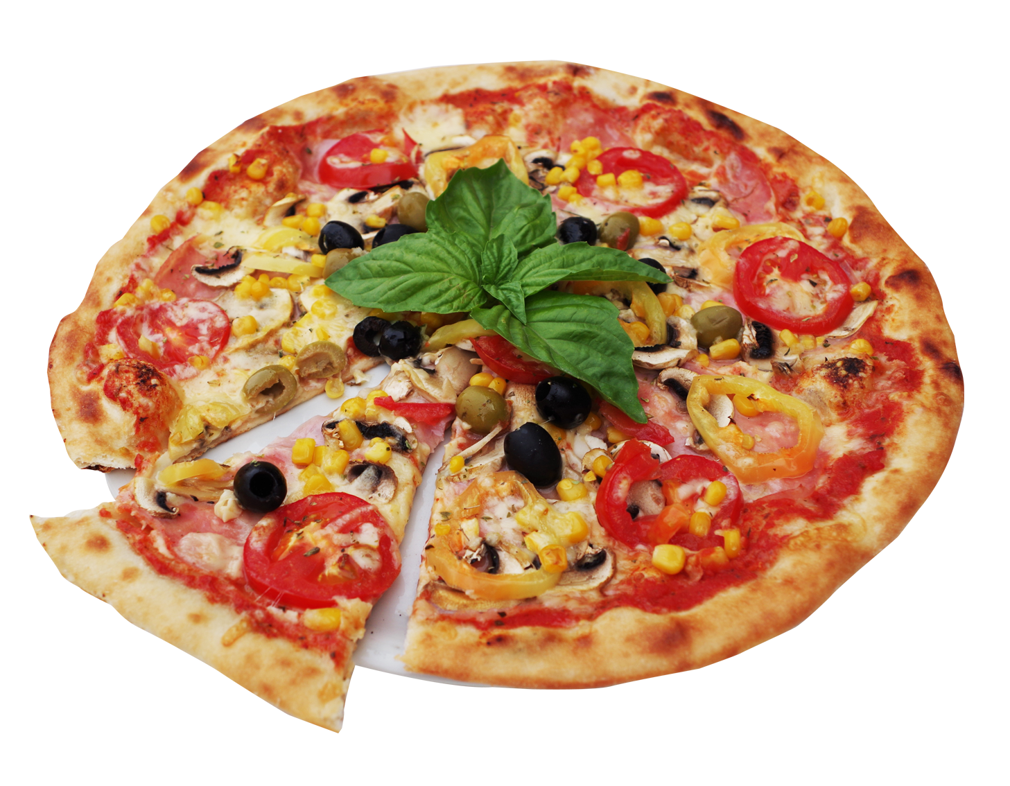 Loaded Pizza with Olives Meat Slices and Mixed Vegetables PNG Image