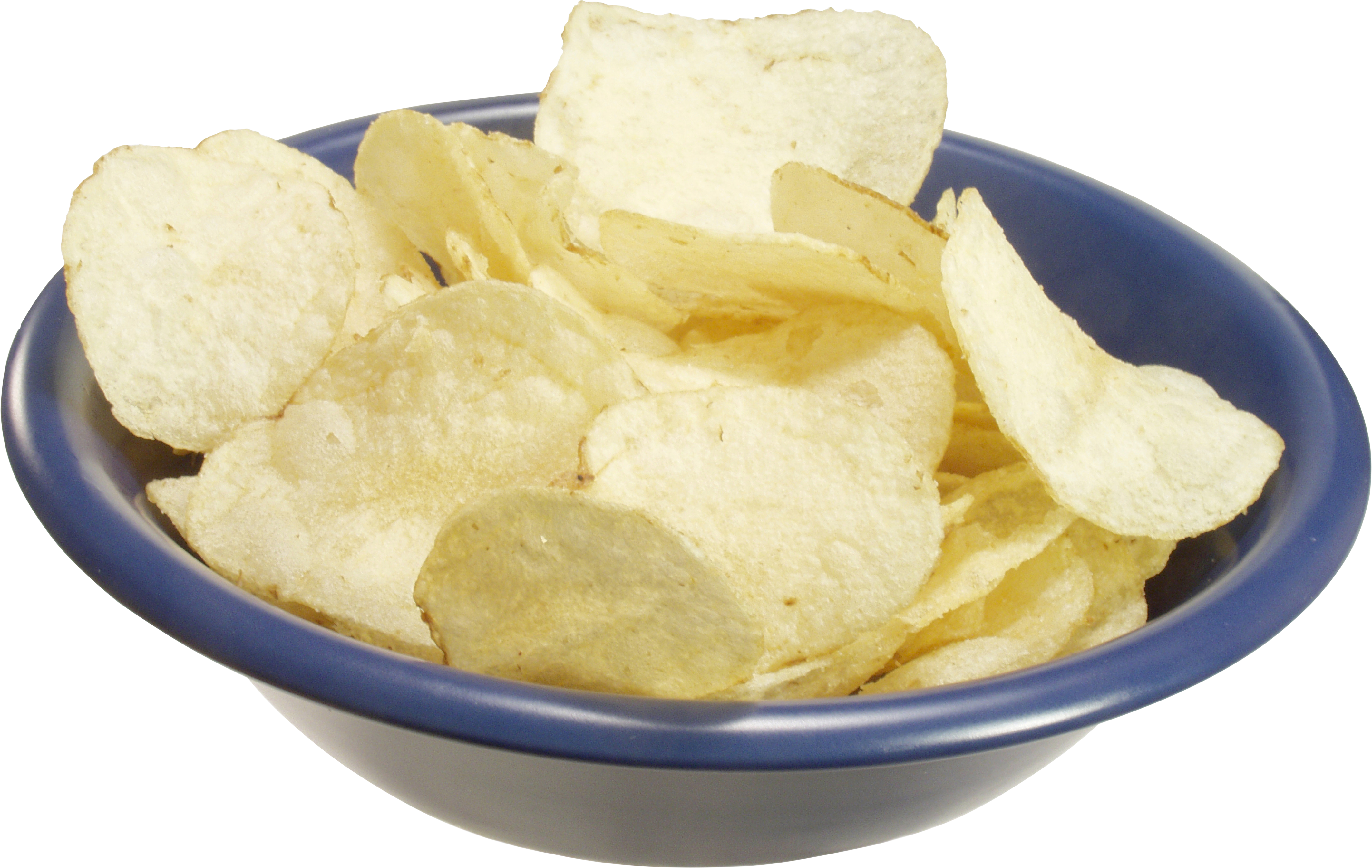 Plain Potato Chips in Blue Ceramic Bowl Isolated PNG Food Image
