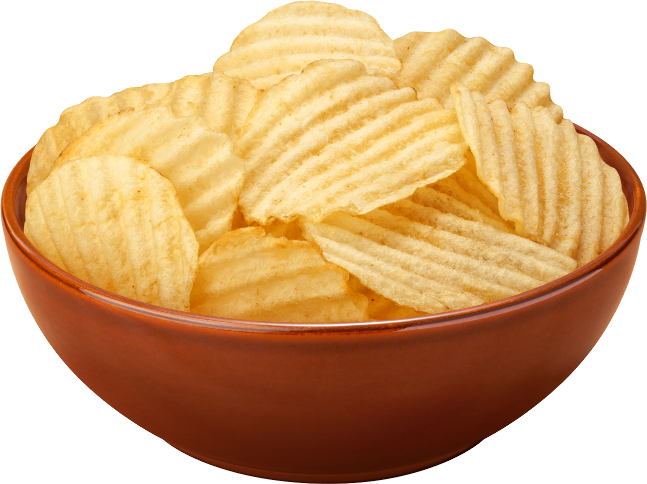 Ridged Potato Chips Stacked in Brown Wooden Bowl PNG Food Image